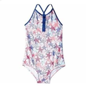 Hatley one piece blue and pink metallic sea stars swimsuit, crisscross back 3t